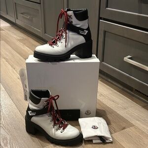 VG Moncler Women's Lace-Up Boots in White and Black with Red Accents (sz39.5)